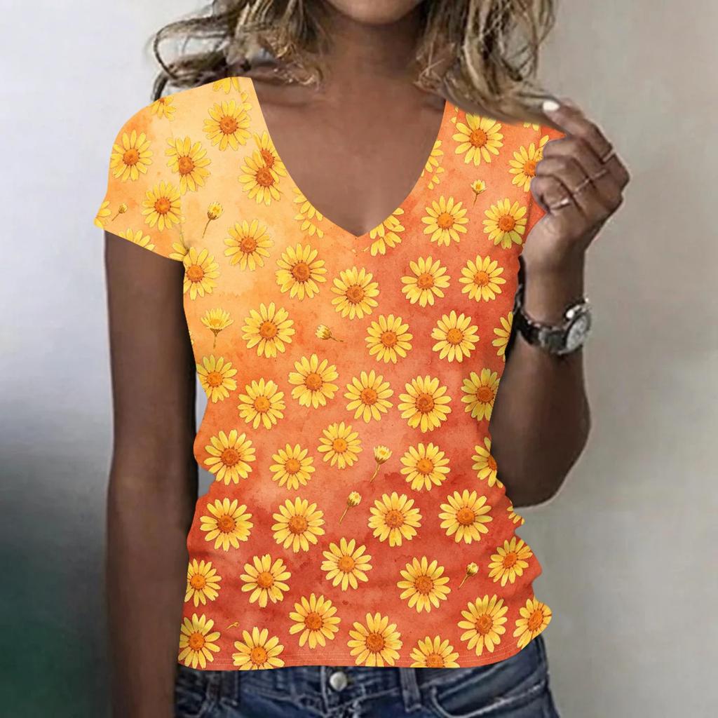 Women Casual V Neck Short Sleeve Floral Print T Shirt Lightweight Soft Fabric Summer Top for Everyday Wear