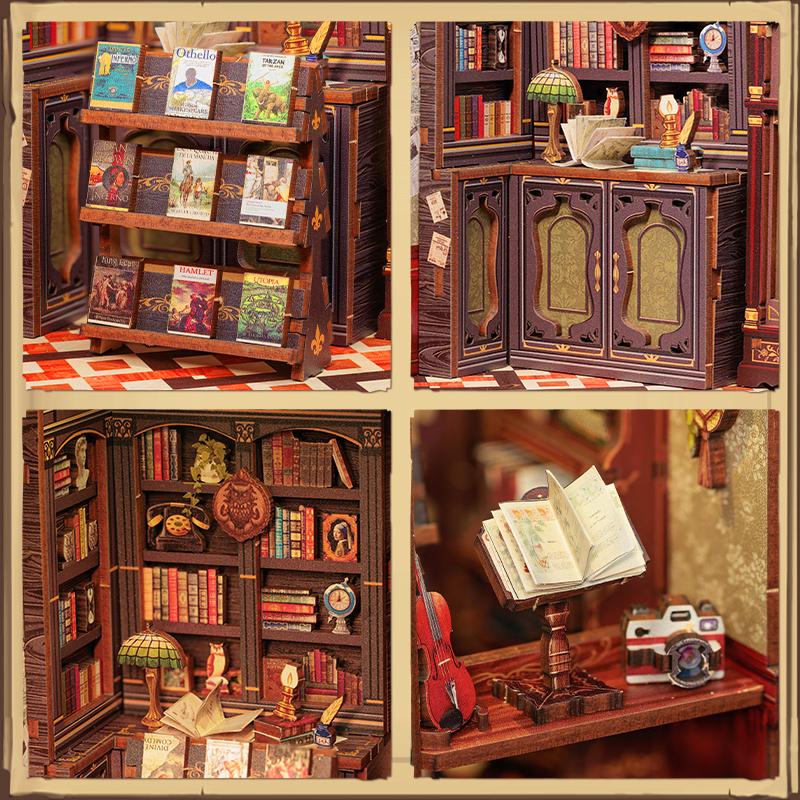 DIY Book Nook Kit Miniature Wooden Dollhouse with Lights Bookshelf Insert 3D Puzzle Model Owl Bookstore Gifts