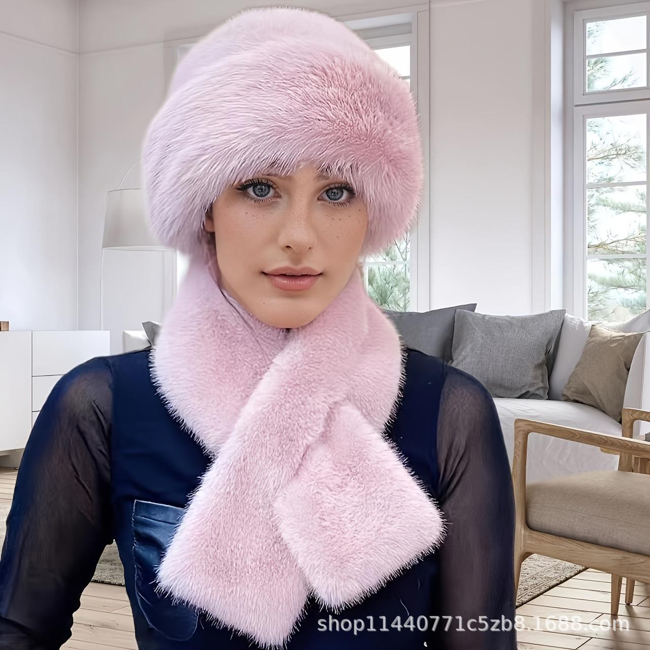 

Комплект из 2 предметов/1 женский, утепленная шапка из искусственного меха и шарф - полиэстеровый трикотаж, зимние утеплители для ушей с застежкой-кнопкой, модный монгольский стиль розовый