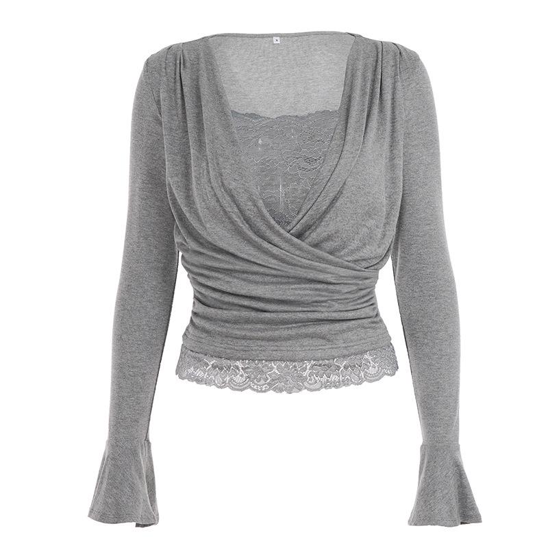 

Elegant Lace Patchwork Two-Piece Style Long-Sleeve Top - European and American Inspired Fashion S