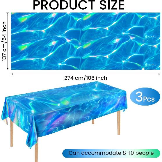 3 Pcs Iridescent Ocean Waves Tablecloths, 54 x 108 Inch Disposable Plastic Ocean Table Cloth, Water Print Tablecloths Ocean Table Cover for Beach