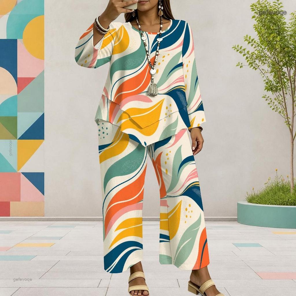 Women Plus Size Printed Round Neck Long Sleeve Layered Top Wide Leg Cropped Pants Two Piece Set