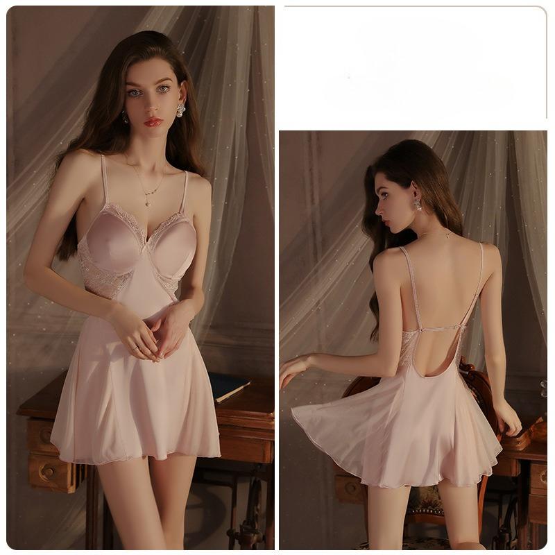 Plus Size Women’s Sexy Lace Nightgown Satin Sleep Dress Deep V Backless Cami Nightdress with Built-In Padding