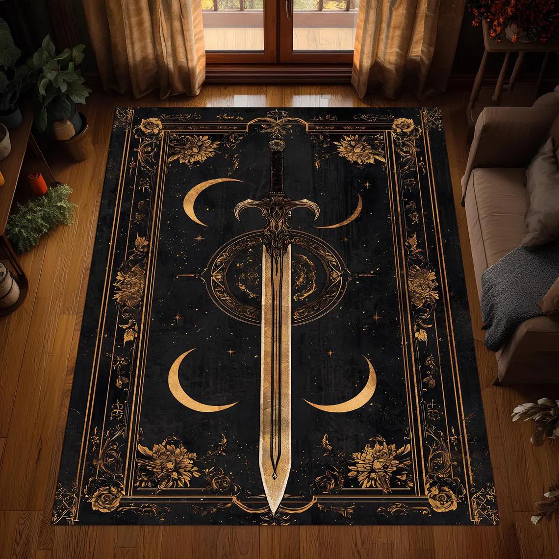

Sword Moon Rug , Gothic Gold Black Area Carpet , Mystical Occult Floor Art , Baroque Style Washable Rug , Non Slip Decorative Rug 40cm x 60cm