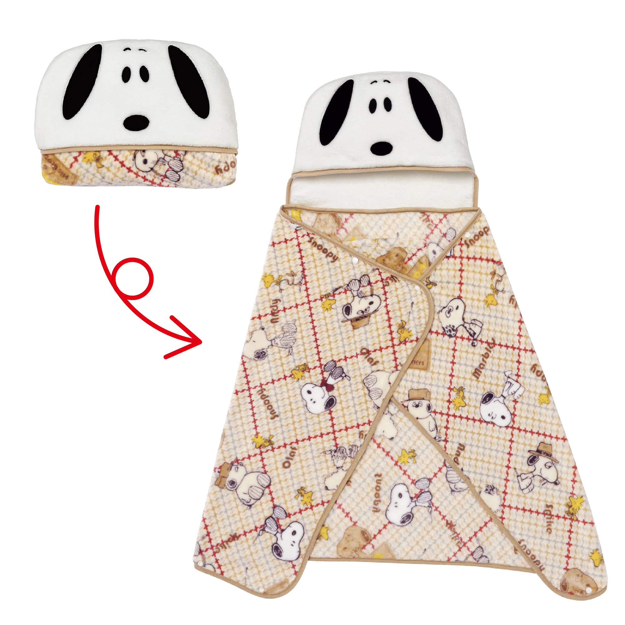 

Nishikawa Snoopy Versatile as or FQ91305071300 5-Way Blanket, Throw, Bolero, Poncho, 120x70cm, Washable, Soft, Warm, Beige, бежевый