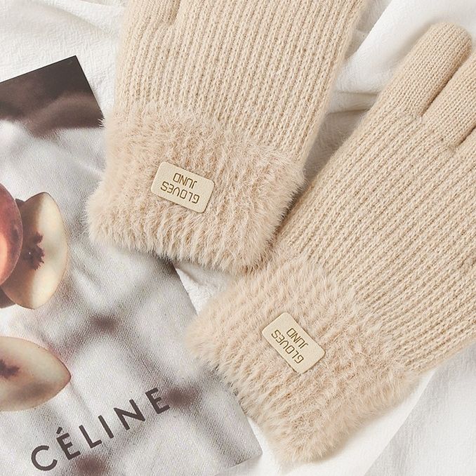 Knitted Gloves Autumn and Winter Double-layer Velvet Thickened Warm Women's Gloves Cold Resistant Touchscreen Gloves