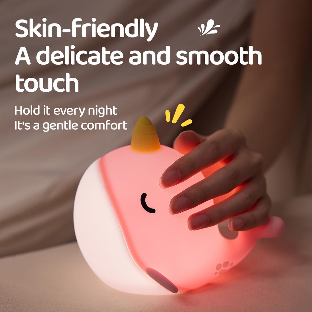 Novelty Narwhal Night Light Silicone Whale Nursery Lamp with 3 Dimming Levels Timing Touch Control Nightlight for Bedroom Decor