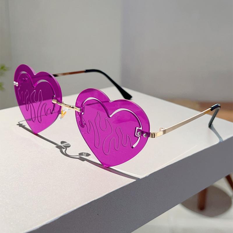 Rimless Heart Shaped Sunglasses Fashion Cute Hollowed Decor Rave Shades Women Trendy Brand Design Vacation Sun Glasses