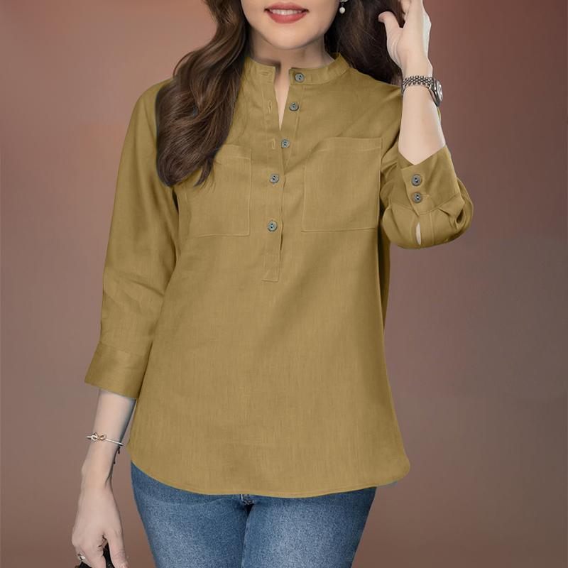 

ZANZEA Женская повседневная хлопковая блузка с V-образным вырезом и рукавом 3/4 свободного кроя 5XL хаки