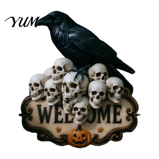 Entrance Door Ornament Halloween Wooden Welcome Sign, Spooky Skull Frog Crow Witch Hanger, Festive Holiday 2D Wall Hanging Sign for Home Party