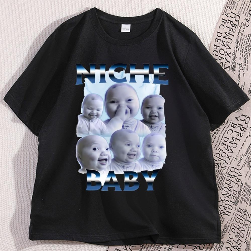 Niche Baby AI Holding Back Laugh Genz Meme Tshirt for Unisex Women Cotton Short Sleeve Tees Casual Shirts for Women S