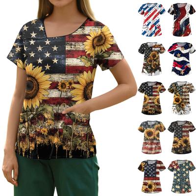 Women's Fashion Printed  Short Sleeve Care Workwear With Double Pockets Top