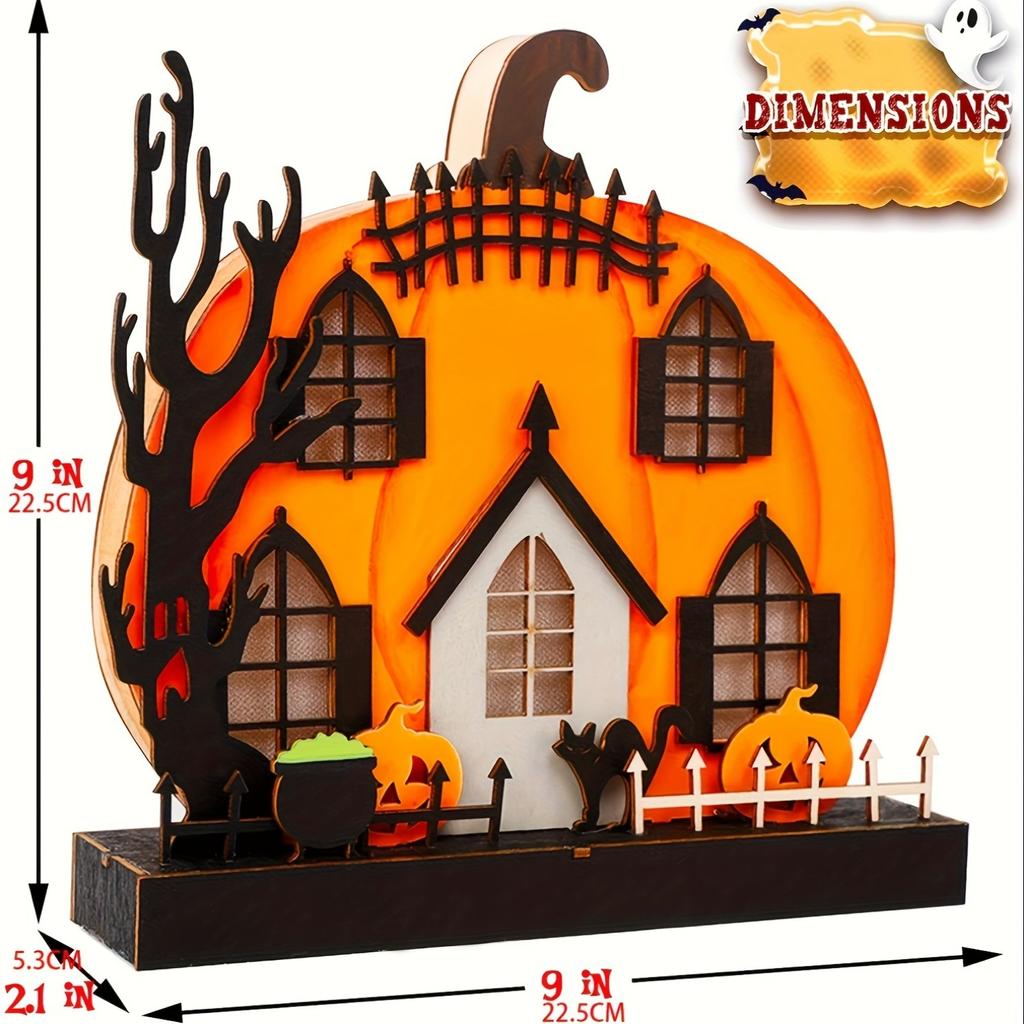 Pumpkin House Glowing Desktop Ornaments DIY Wooden Horror Ghost Pumpkin House with LED Light for Halloween Eve Party Decoration