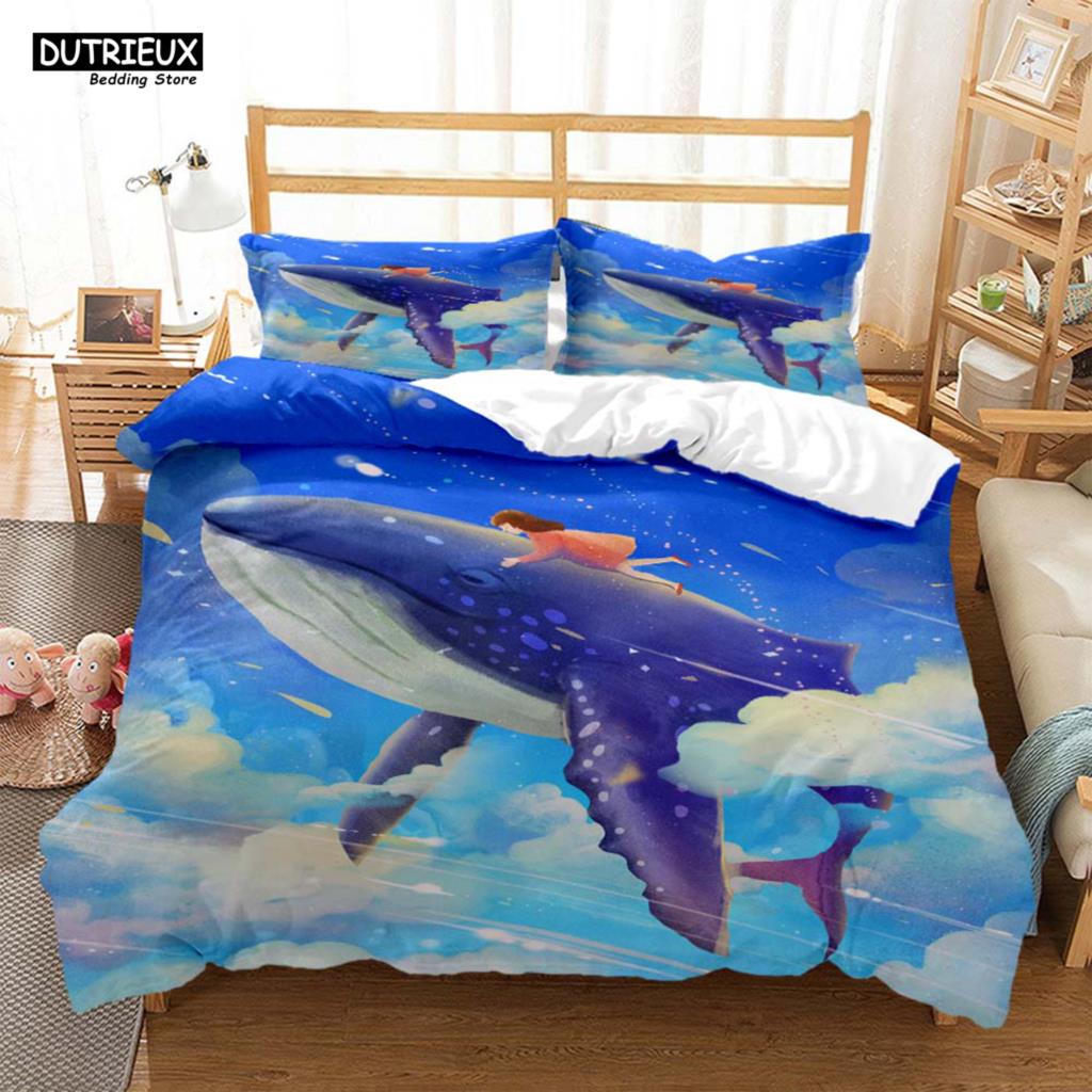 Whales And Girls Digital Print Polyester Bedding Sets Child Covers Duvet Cover Set For Teens Bedding Set Blue And Pink Covers