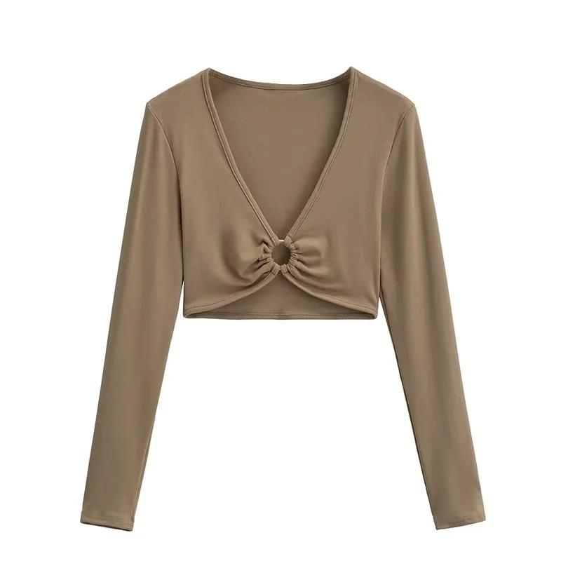 Frühling und Herbst Neues Damen Kurz Hot Girls Tief V-Ausschnitt Bauchnabel Schlankmachendes Langarm T-Shirt