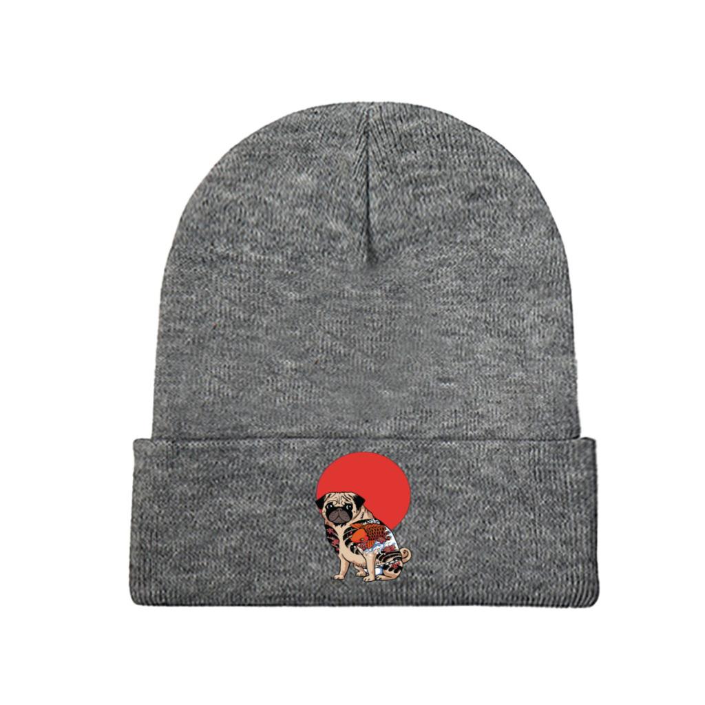 Yakuza Pug Katana Pletené čepice pro ženy Unisex Skullies Beanies Zimní čepice Polyester Pes Teplá čepice
