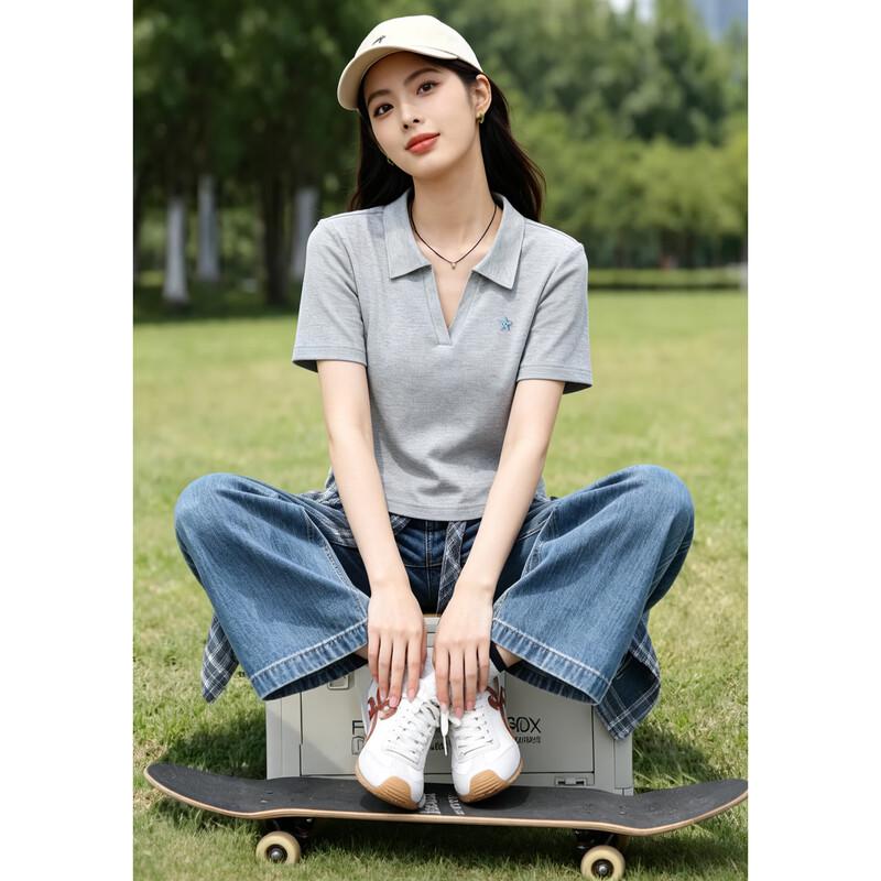 Women s Grey Ice Silk Cotton Polo T-shirt XL