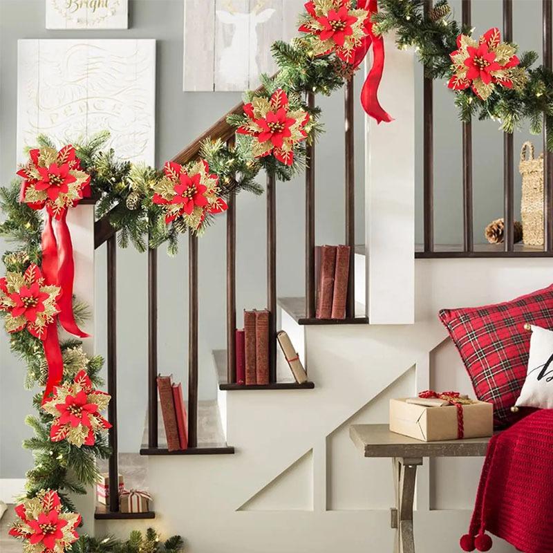10/50pcs Artificial Glitter Christmas Flowers for Xmas Tree Ornament Fake Flower Floral New Year Party Home Decoratio