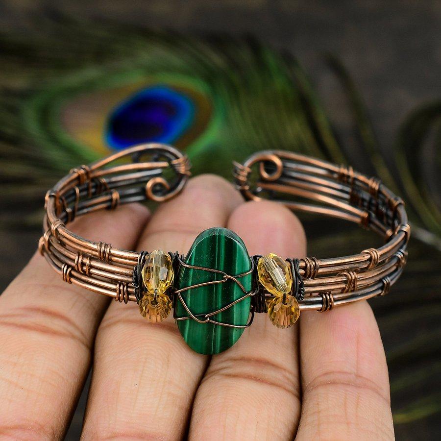 Natural Malachite Gemstone Handmade Copper Wire Wrap Cuff Bangle Adjustable E9j93