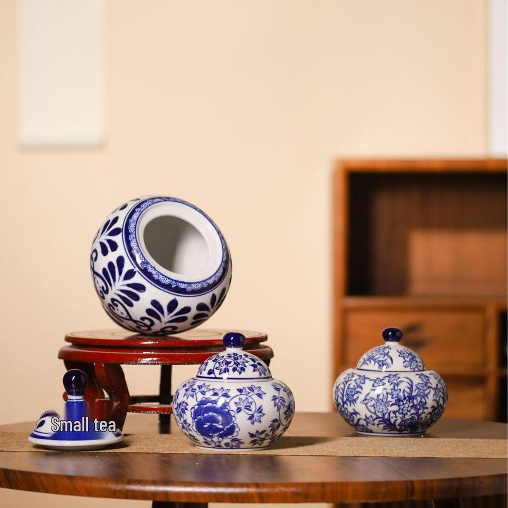 Blue and White Porcelain Flower Vase - Ceramic Tea Can Storage Jar for Home Decor