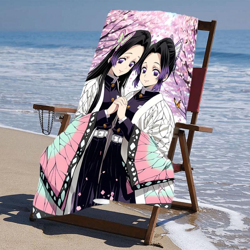 proof beach towel with a Demon Slayer characters1 pattern - soft,absorbent,quick-drying,machine washable - perfect for swimming,camping,bathing