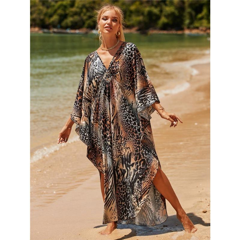 Damen Kleid Bedrucktes Strandkleid Lockeres Übergröße Urlaubs-Bikini-Oberhemd