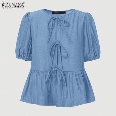 Womens Casual Lace Up Round Neck Summer Short Sleeve Blouse