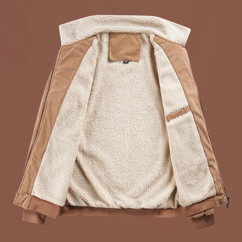 Fleece and thicker outer wear lamb wool casual lapel collar multi-pocket winter zipper medium corduroy cotton coat men's coat
