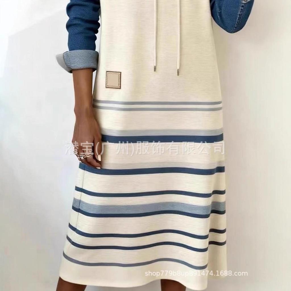 New European and American women's clothing denim long-sleeved splicing hooded drawstring dress contrasting color long dress women