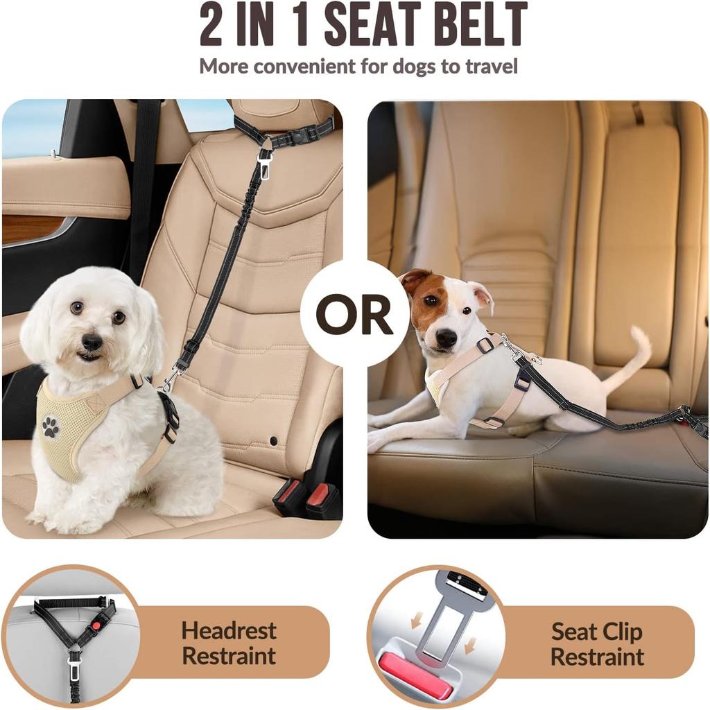 Reflektierender Hunde-Sicherheitsgurt für Auto, Hunde-Autogeschirr-Sicherheitsgurt verstellbar mit elastischem Bungee-Puffer, 2in1 Haustierleine Rückhaltesystem Hunde-Sicherheitsleine
