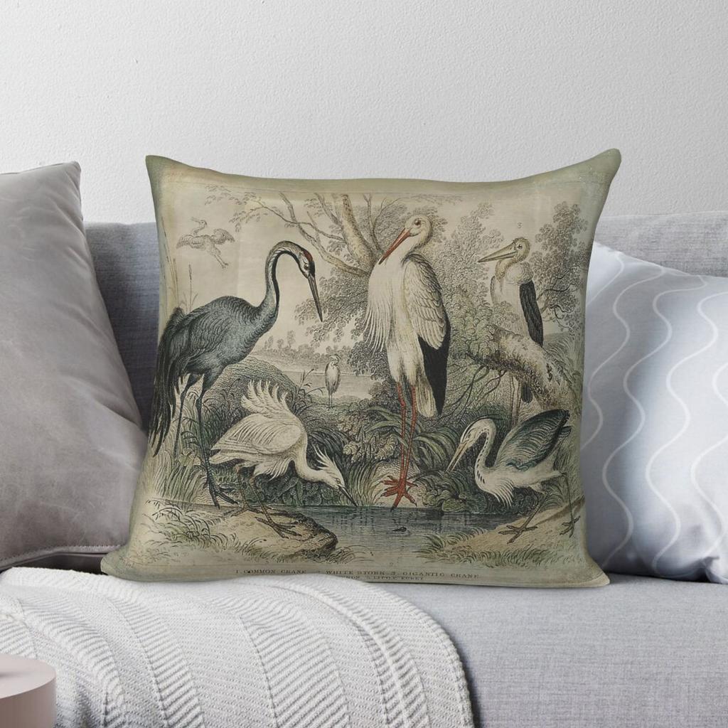 Vintage Cranes With Birds Square Pillowcase Polyester Linen Velvet Printed Zip Decorative Throw Pillow Case Home Cushion Cover