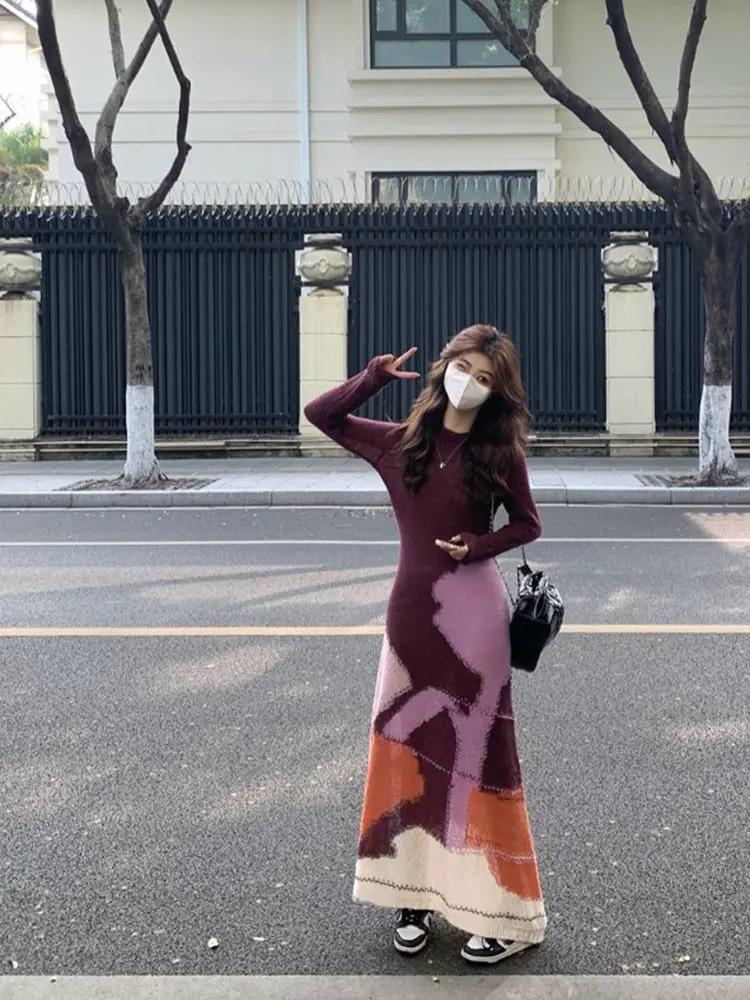 

Французское трикотажное платье-свитер в стиле колор-блок для женщин - Приталенный крой с длинными рукавами для весны, осени, зимы 2025 Extra Large