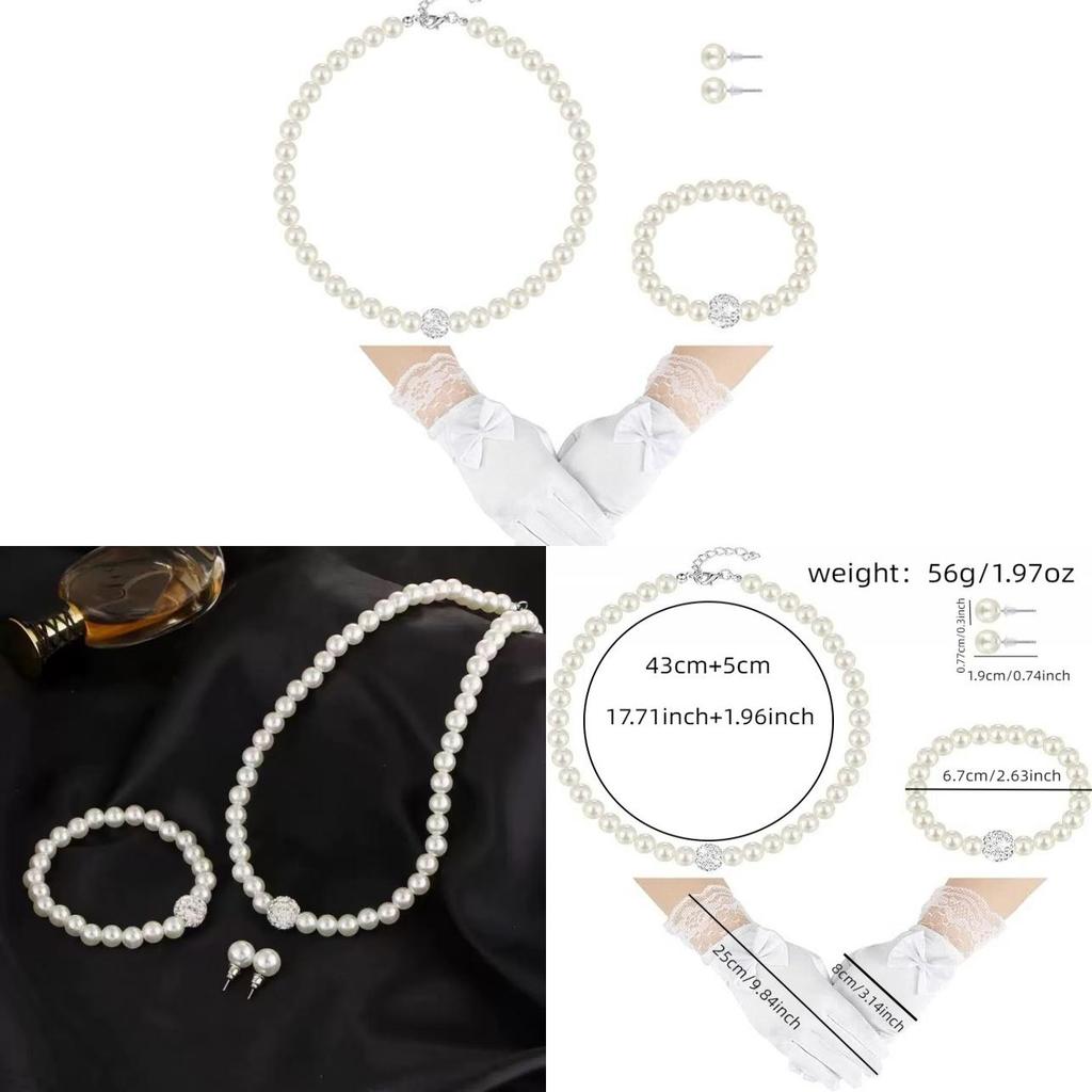 Childrens Artificial Pearl Necklace Set With Satin Gloves And Butterfly Bow Design For Stylish Casual Wear