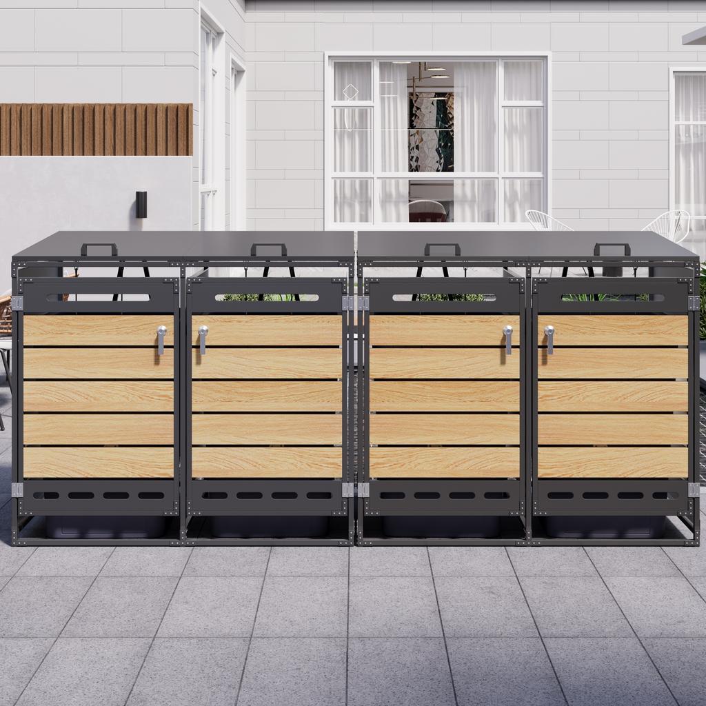 Set of 4 Wheelie Bin Boxes with Hydraulic Lid, Horizontal Wood-look Cladding, Slotted Ventilation, Iron Garden Storage Cabinet with Lock