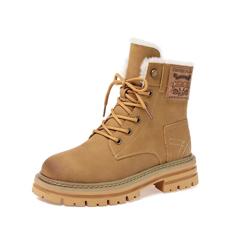 Fleece Martin boots women's autumn and winter new leather thick heel short boots small inner heightening locomotive boots cotton boots