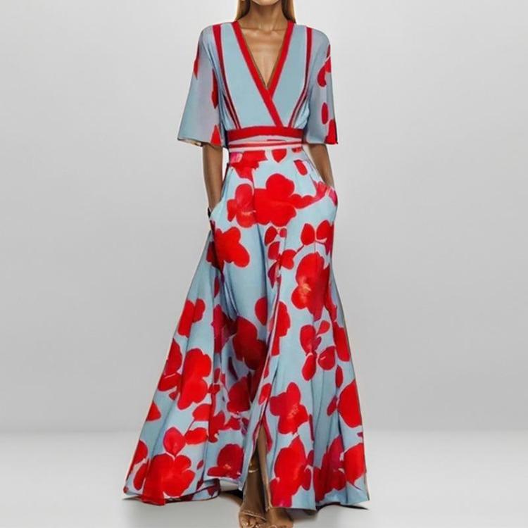 Cross V Neck Three Quarter Sleeves Colorful Print Maxi Long Dress Big Swing A-line Slim Waist for Dating Shopping Banquet Fall Spring
