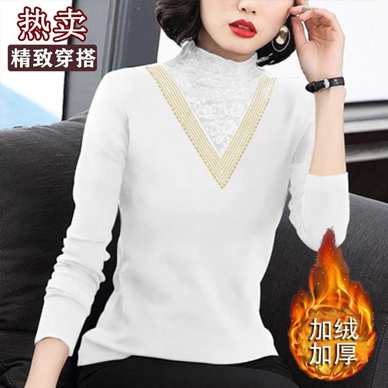 Fleece Thickened Bottoming Shirt for Women's 2025 New Autumn and Winter Warm Inner with Semi-turtleneck Lace Mesh Black Top