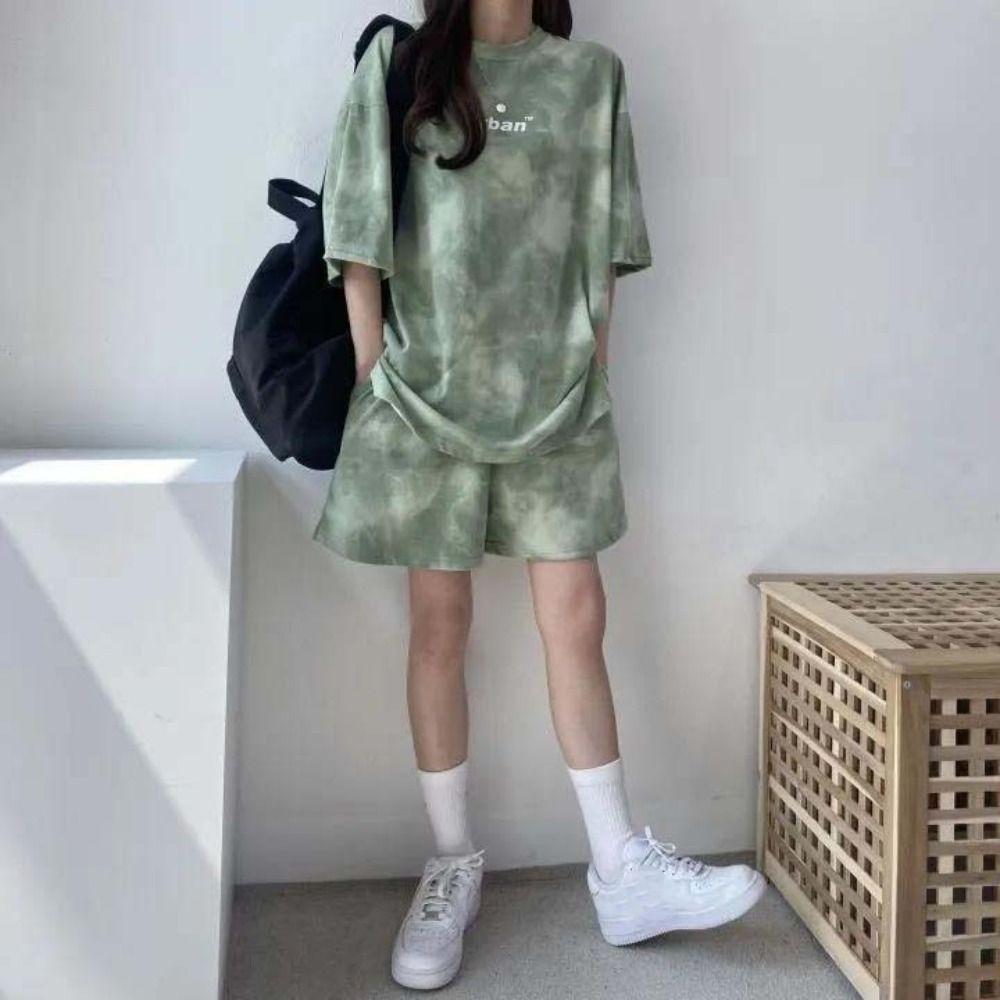 Letter Two-piece Tracksuit Large Size Summer Loose Suit Short Sleeve T-shirt Shorts  Female