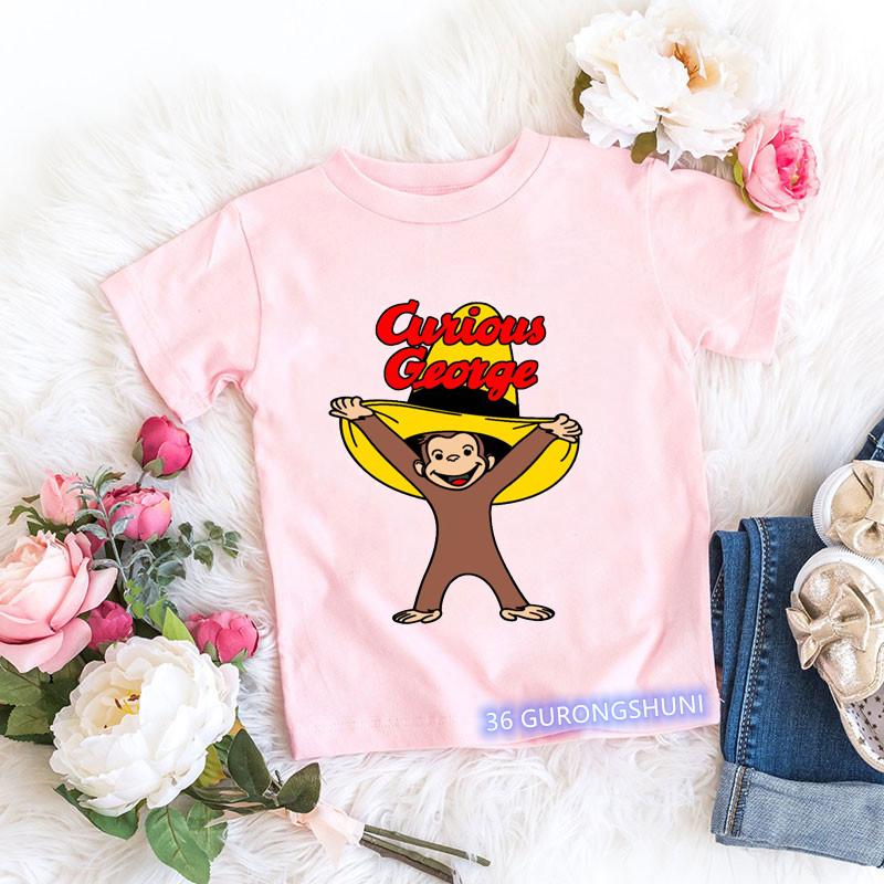 T-shirt Kawaii per bambine Stampa cartone animato Scimmietta Curious George Abbigliamento per bambini T-shirt estive T-shirt per bambine Top rosa a maniche corte
