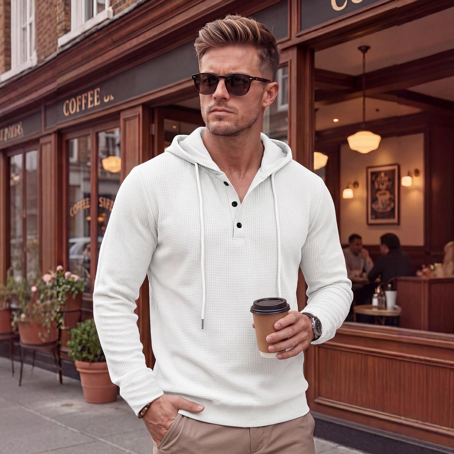 Men Waffle Loose Casual Long Sleeve Hooded Henley Pullover Sweatshirt S белый