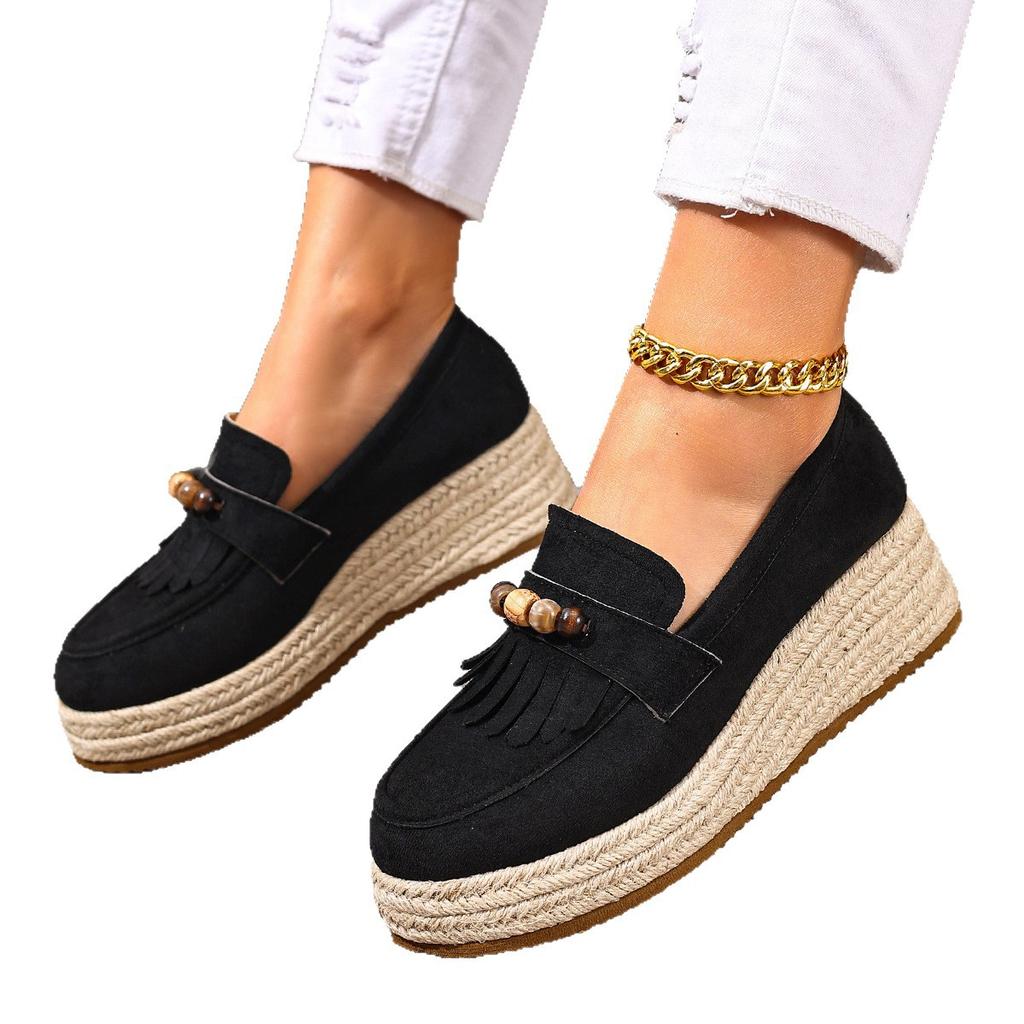 Scarpe Loafer Donna Autunno Decorazione con Perline Colorate Stile Bohemia Comfort Zeppa in Canapa Scarpe con Tasselli Moda Scamosciate Slip-On