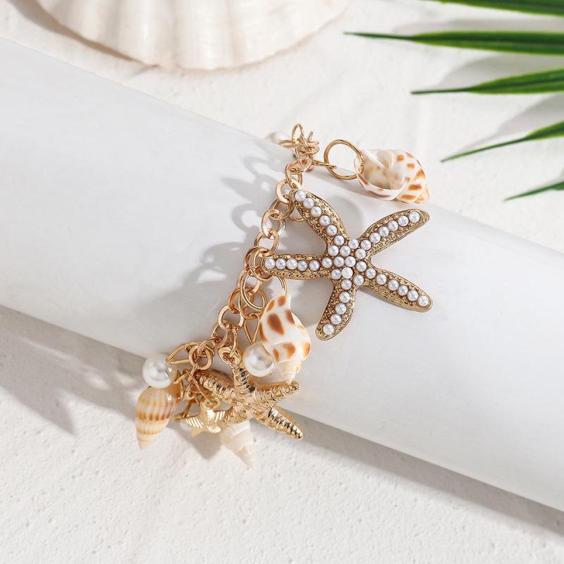Ocean Bohemian Style Starfish & Shell Anklet with Rhinestones & Pearls