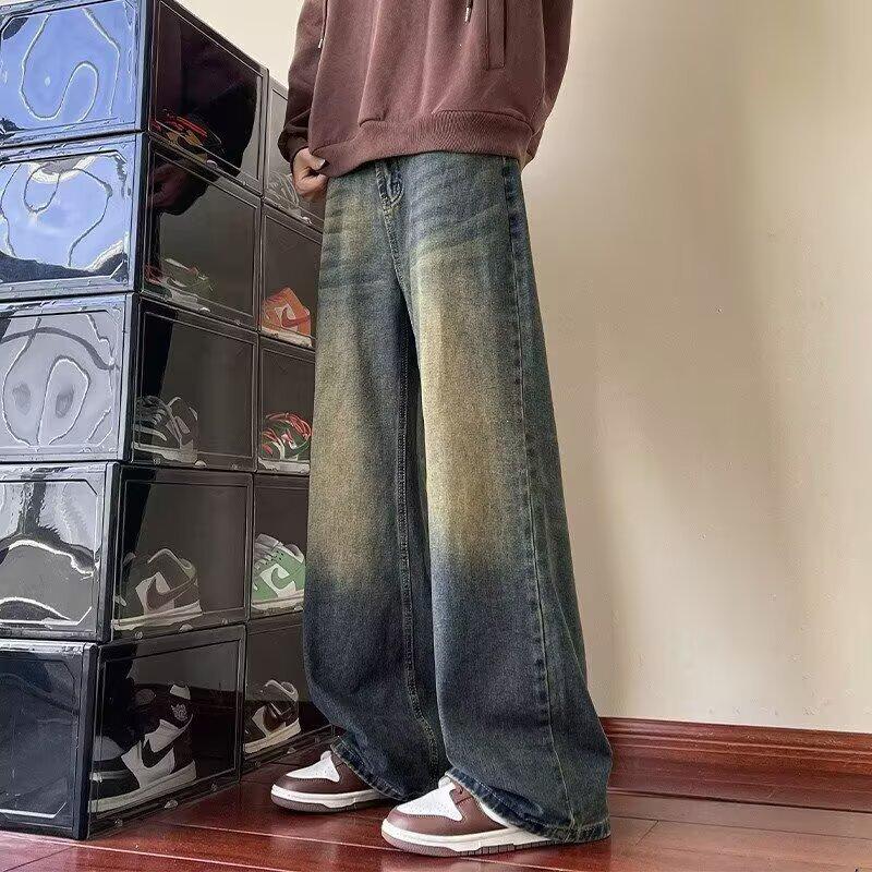 Men's Spring/Fall Washed, Distressed, Loose-Fit Wide-Leg Jeans; Youth Plus Size Retro Straight-Leg Pants