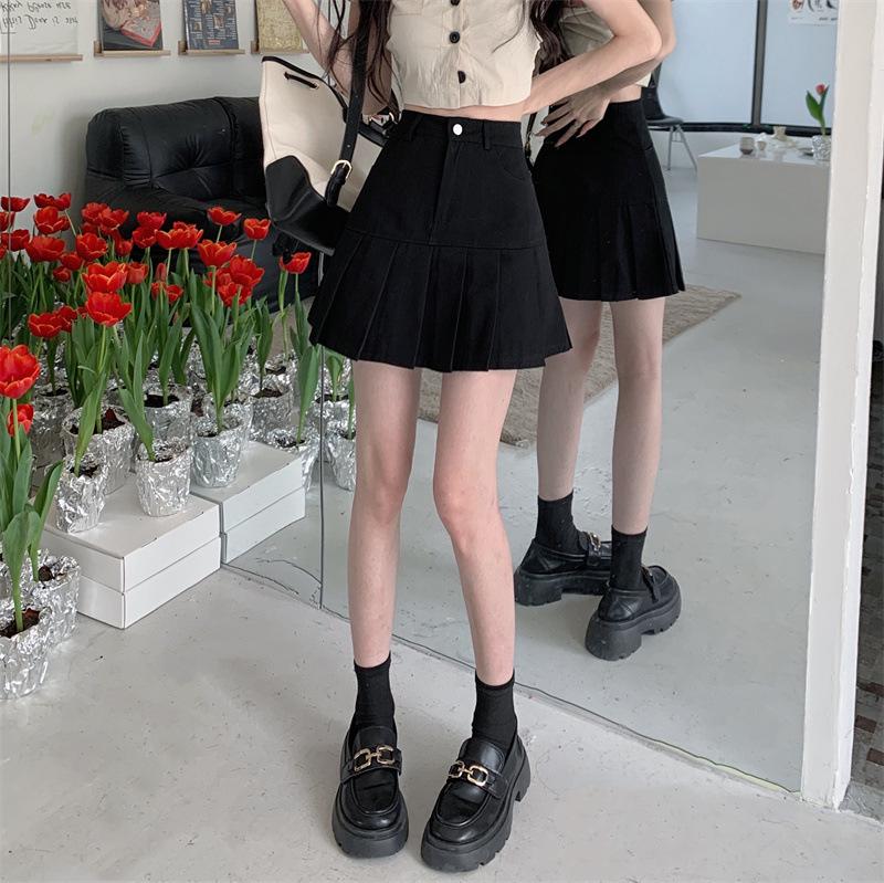 High-Waist Black Pleated A-Line Skirt for Women, Summer 2024 - Anti-Exposure & Slimming Design
