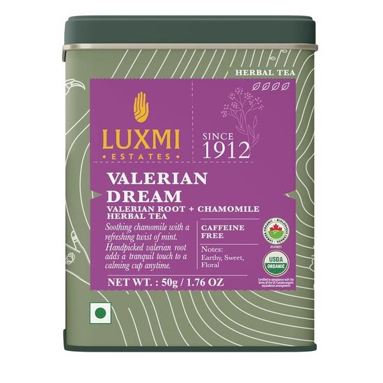 LUXMI Estates Sleep Tea With Valerian Root | 50 Gram Tin Pack, With Chamomile, Lavender & Valerian Root | Caffeine Free Tea For Insomnia, 25 Cups