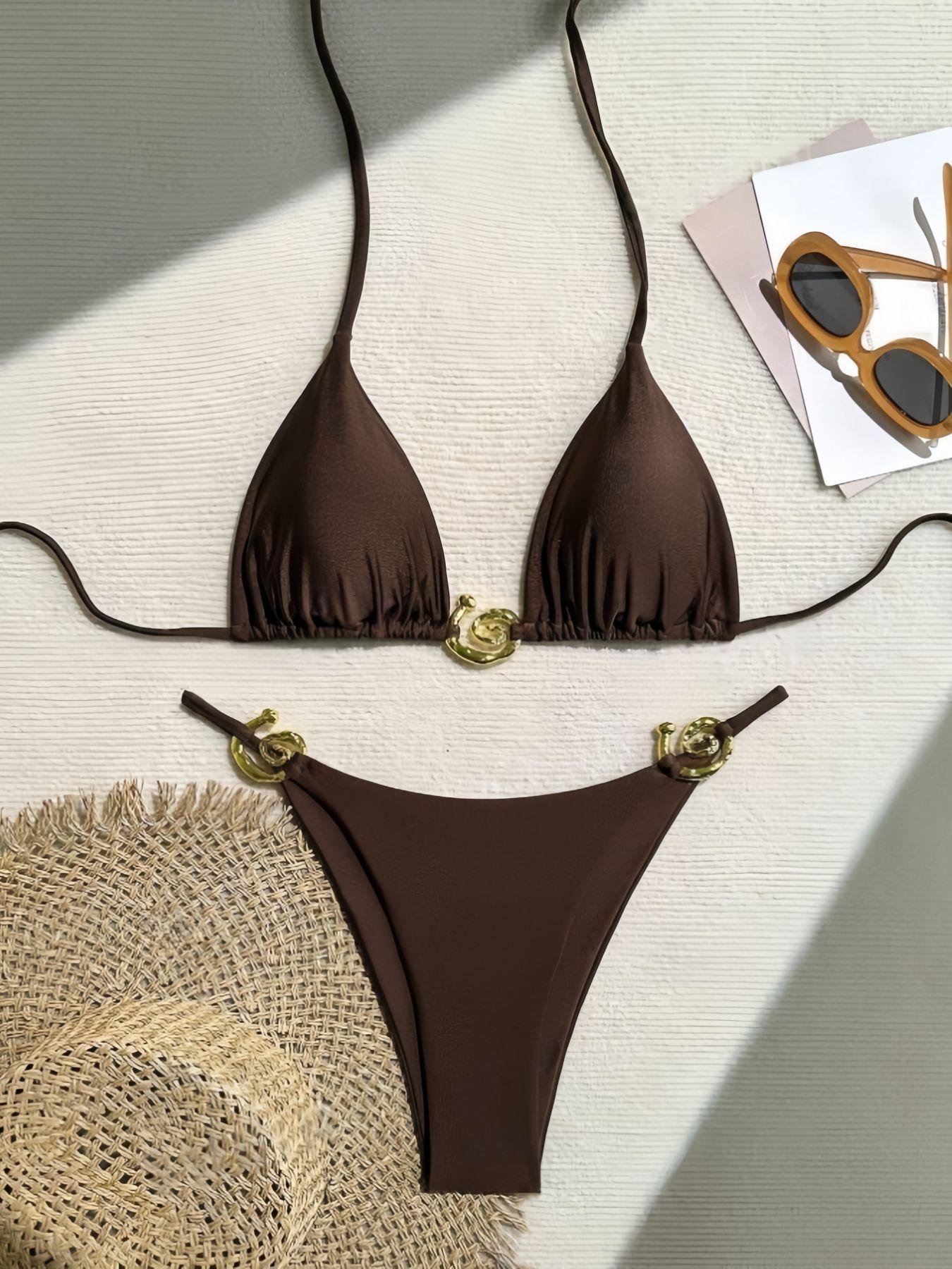 

New circle accessories bikini swimsuit women s solid color sexy hot girls swimsuit L темно-коричневого кольору