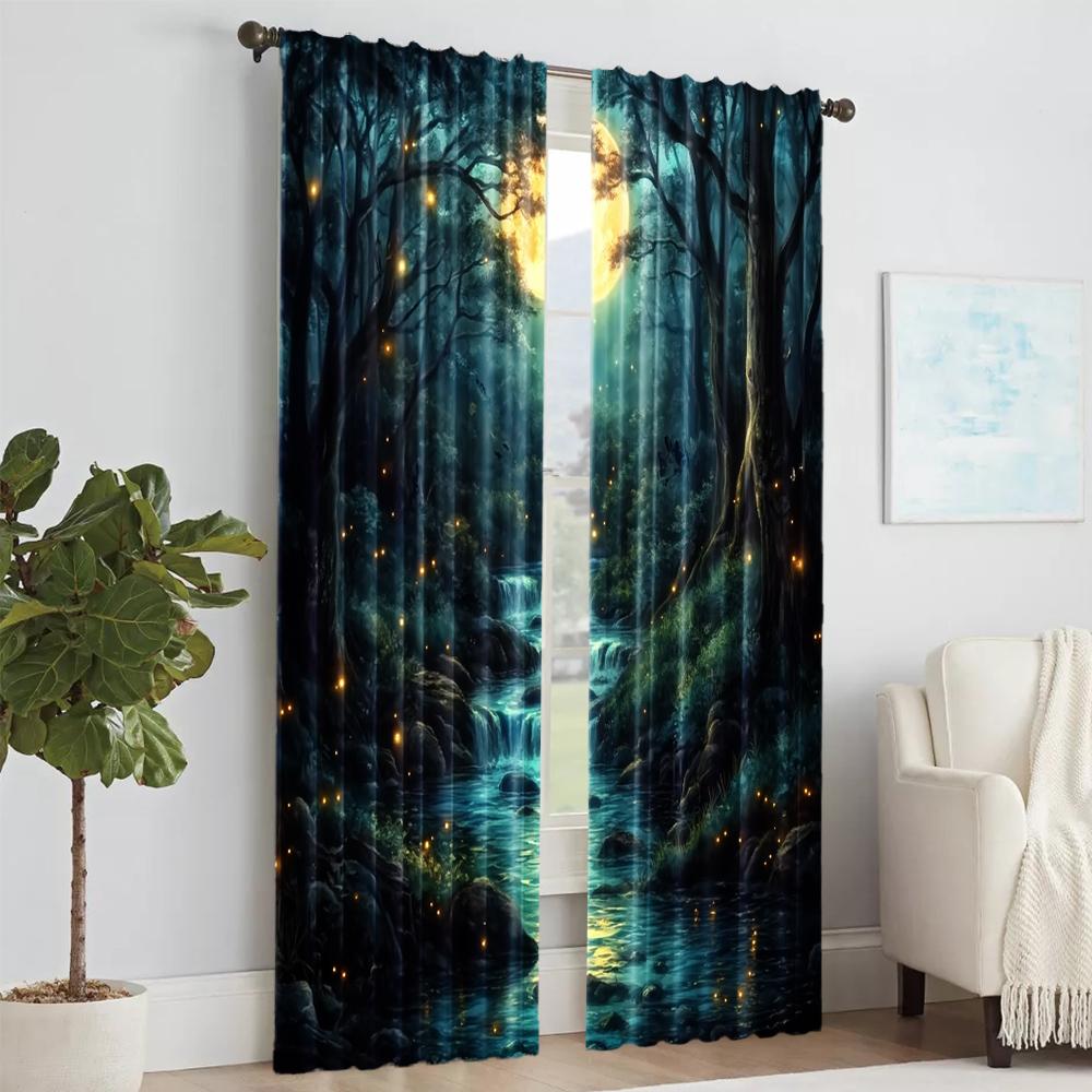 2 Stück, vielseitige transparente Polyestervorhänge zur Heimdekoration Wald Mond Bach Szene zur Verwendung in Schlafzimmern und Wohnzimmern