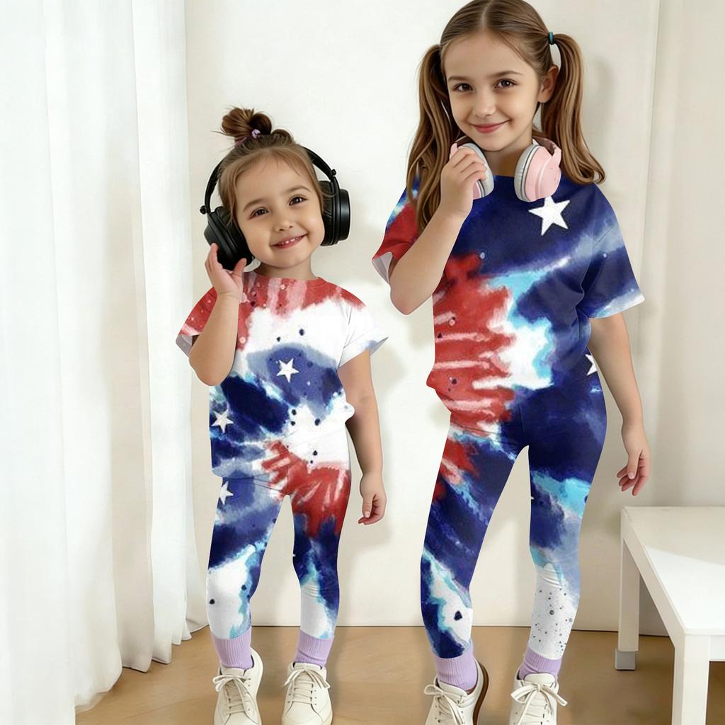 Boys And Girls Independence Day Print Set Kids Casual Short Sleeve Top And Long Pants Set