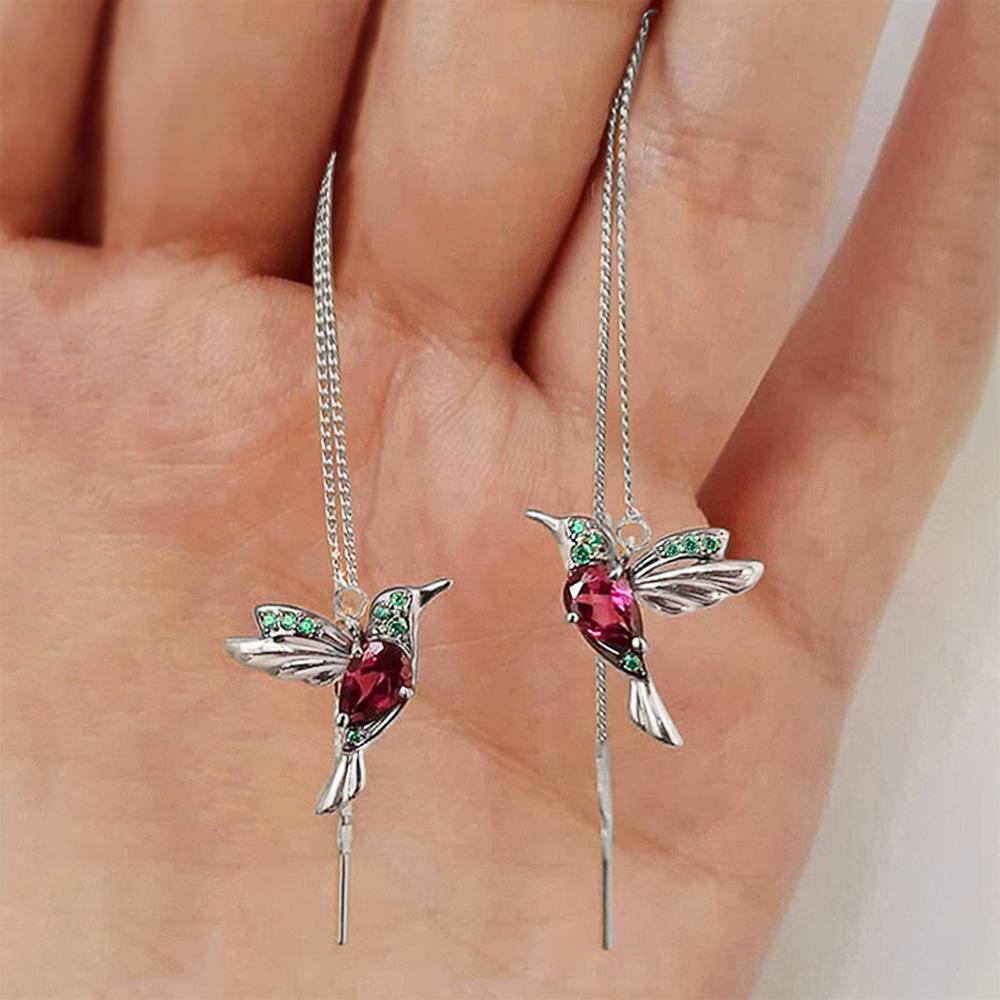 Kolibrie Blauwe Steen Draadoorbellen Lange Ketting Doorheen Trekken Hangende Oorbellen voor Vrouwen Natuur Geïnspireerd Dagelijkse Sieraden