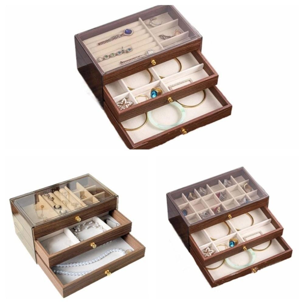 Transparent Window Wooden Jewelry Box Rings Necklace Jewelry Storage Case  Vacation
